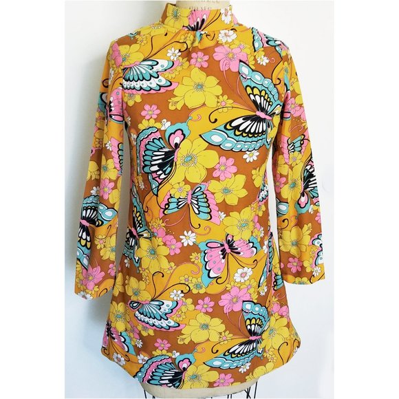 Vintage 1970s Iconic Womens Mini Dress Butterflies Flowers Mod A-line Woodstock - Picture 3 of 16